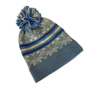 Vintage Meister Wool Knit Beanie Hat Toboggan W Pom Pom Blue Snowflake Pattern